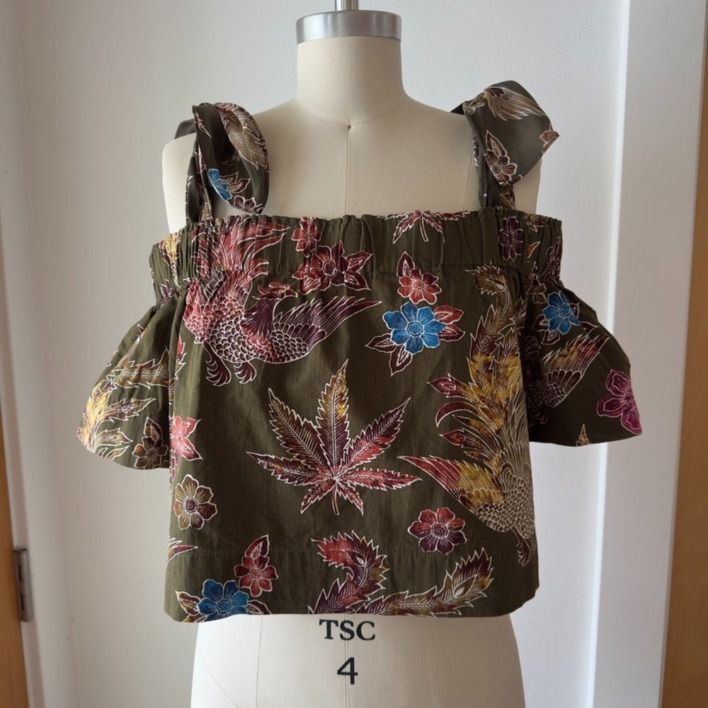 Sandro Paris Cold Shoulder Jungle Floral Crop Swing Top-Cotton Silk-Green-Sz US6